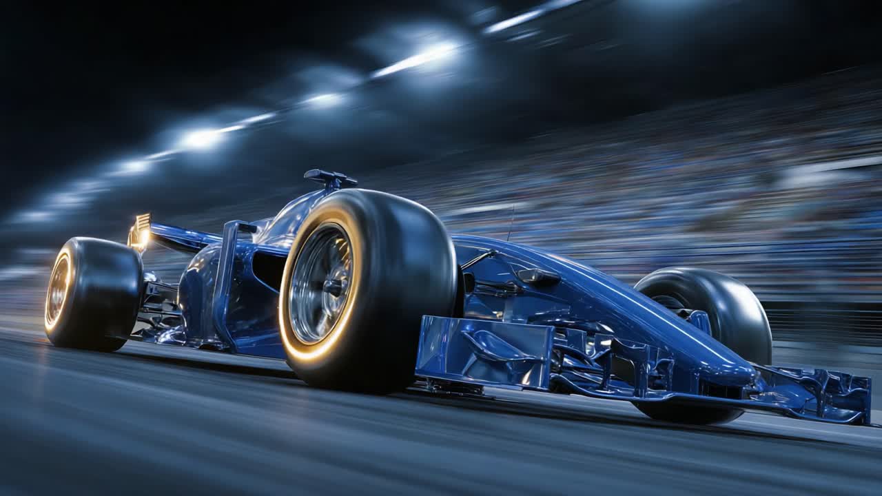 高速レースの瞬間：ダイナミックな青いフォーミュラカーが、まばゆい光の下、トラックを疾走し、モータースポーツのスリルとスピードの本質を捉えています。