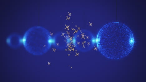 animation of snow falling over christmas baubles