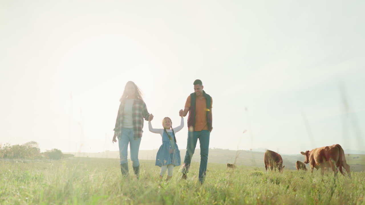 농장에서 손을 잡고 있는 남자, 여자 또는 어린이