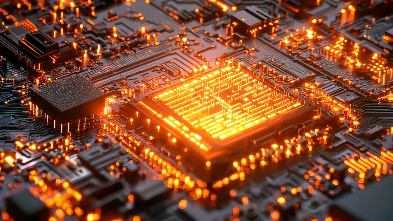 un primer plano de una placa base de computadora con una placa de circuitos en el fondo