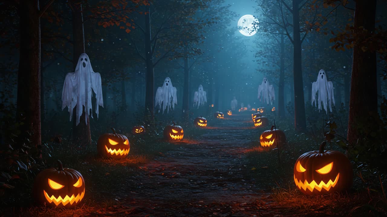 A Spooky Halloween Night Pathway Illuminated by Grinning Jack-o'-Lanterns and Haunting Ghostly Figures Beneath a Full Moon, Creating a Chilling Atmosphere