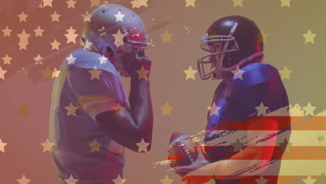 animation of diverse american football players with ball and flag of usa