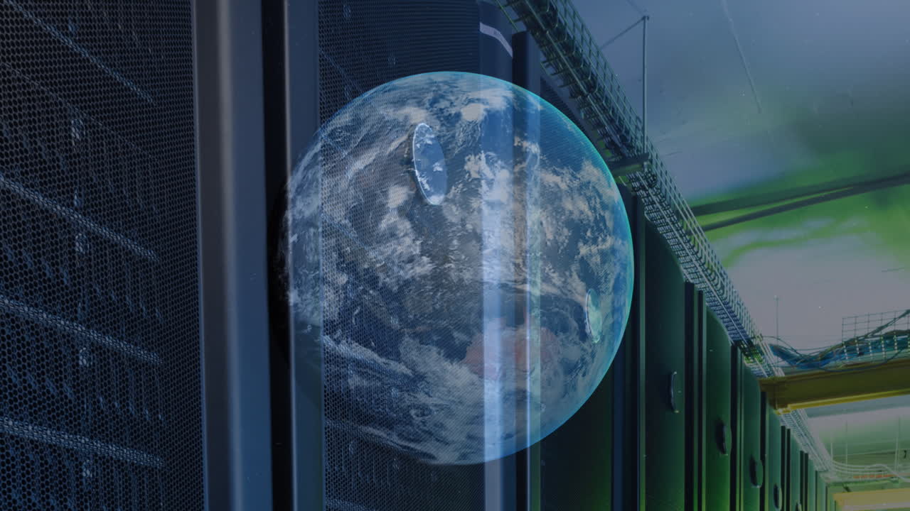 Animation of a globe against computer server room
