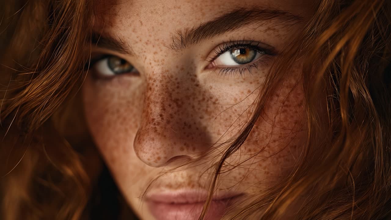 Intimate Close-Up of a Young Woman's Face Highlighting Beautiful Freckles, Striking Eyes, and Flowing Curls Captured in a Natural Setting, Exuding Warmth and Character