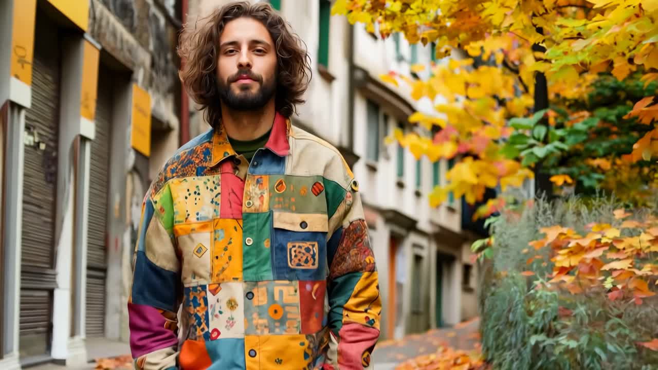 un hombre con cabello largo y una barba de pie en un callejón