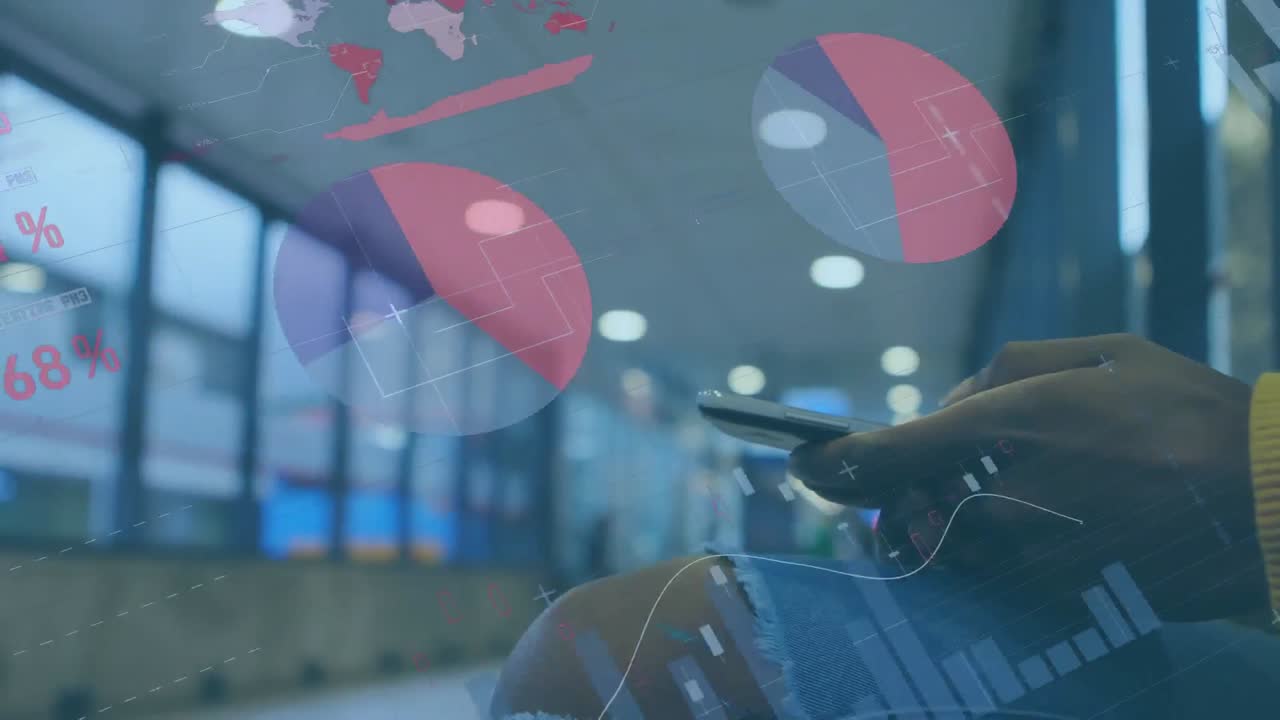 사무실에서 스마트 폰을 사용하는 남자의 중간 섹션에 대한 통계 데이터 처리 애니메이션