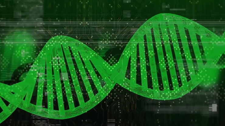 Animation of interference and dna strand over computer circuit board and data processing