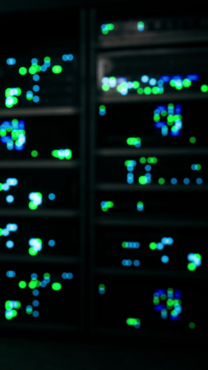 Colorful lights and patterns seen on high tech server room equipment