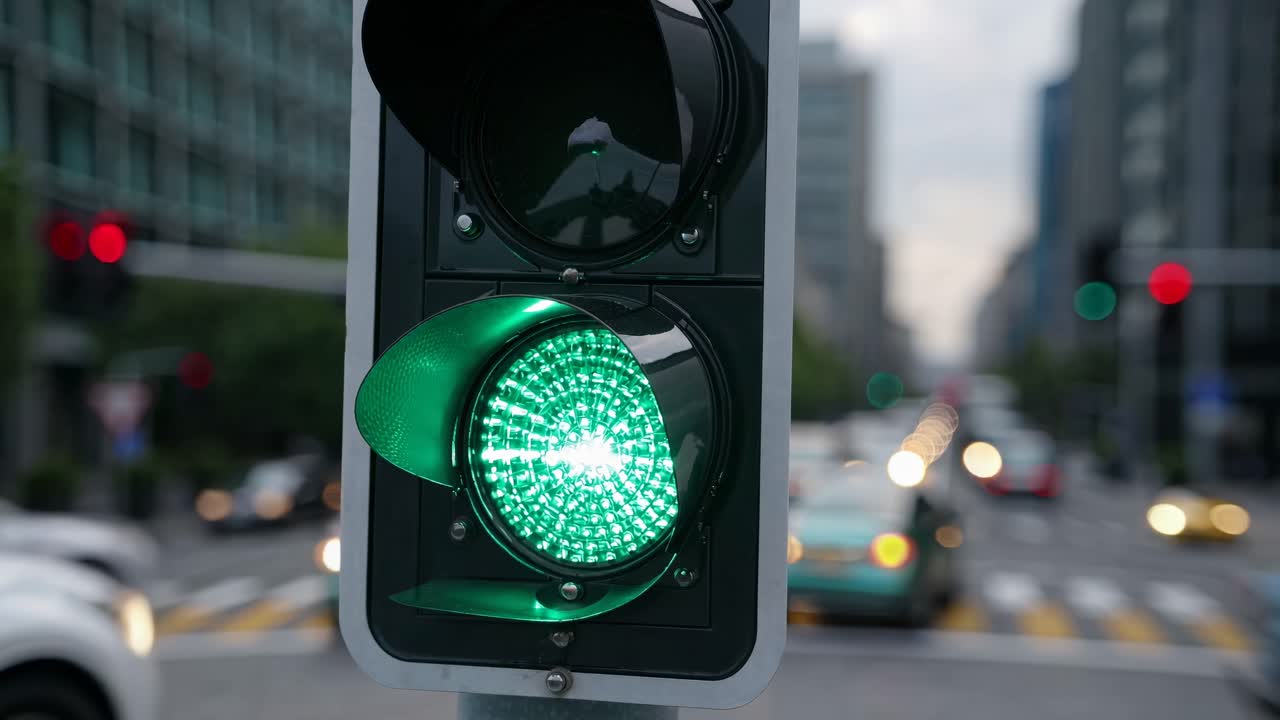 Primer plano de un vídeo de un semáforo en verde enfocado, con una calle de la ciudad borrosa y coches en movimiento