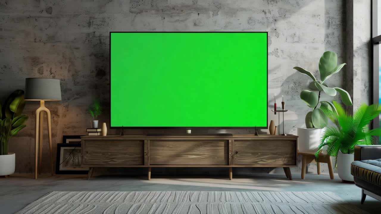 Modern Living Room with Green Screen TV