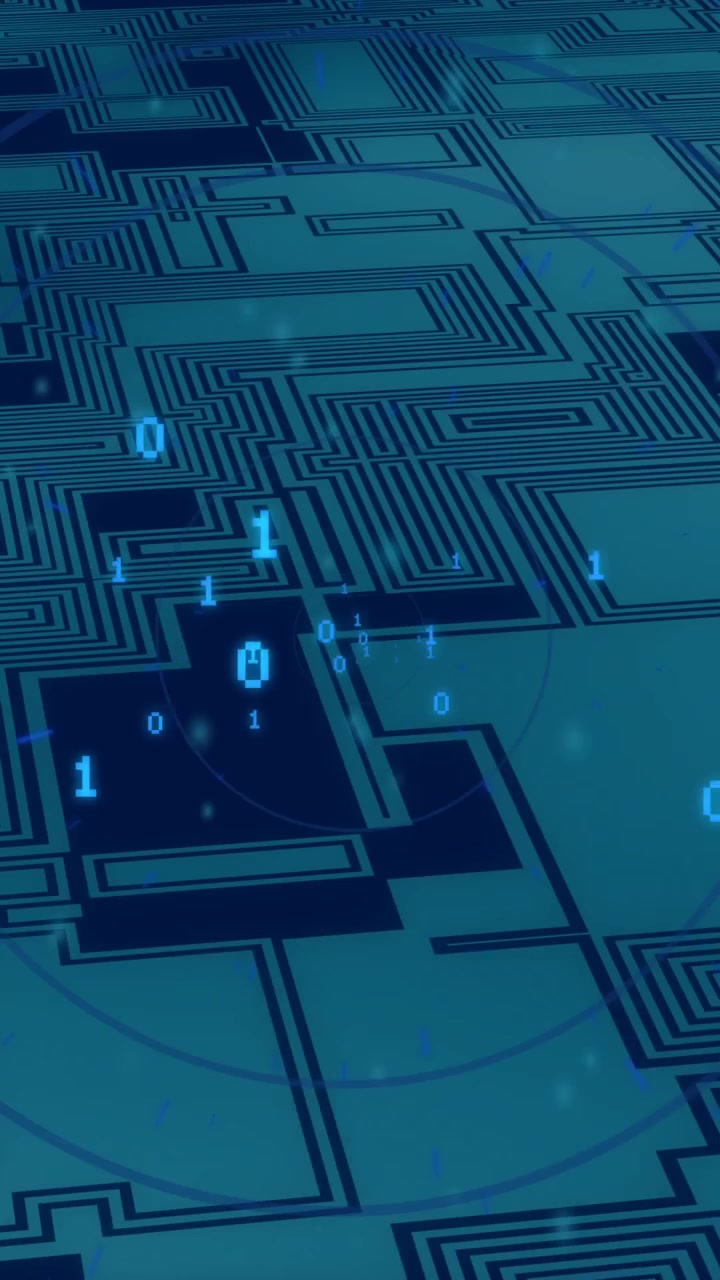 Animation of digital data processing and binary coding over computer circuit board