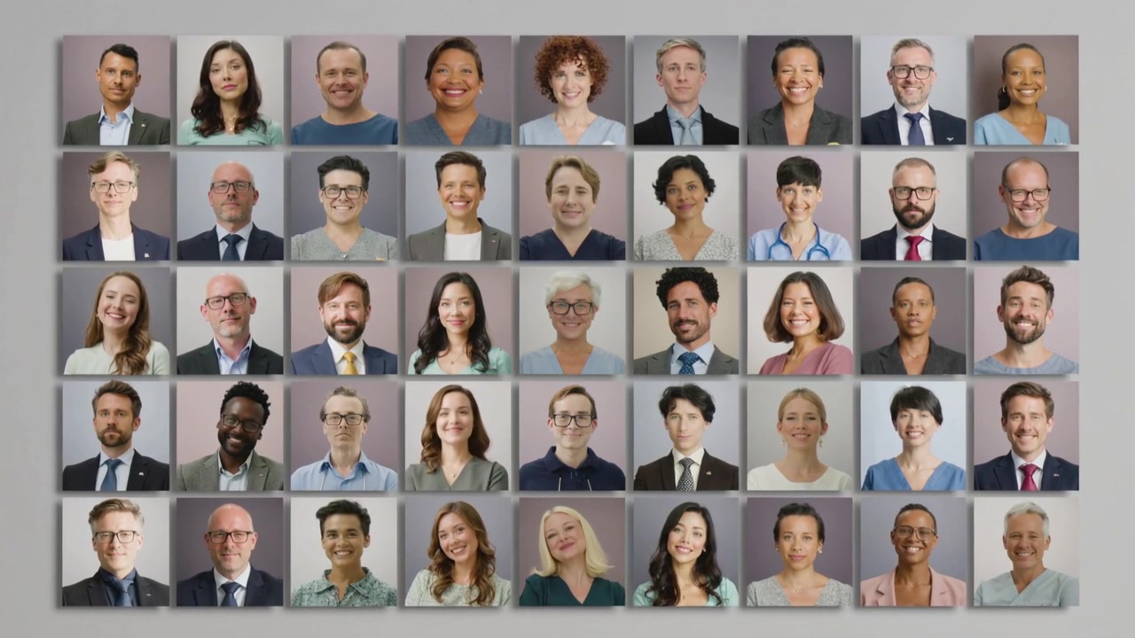 Starting playback portrait tile grid showing 48 staff in suits changing faces for company roster