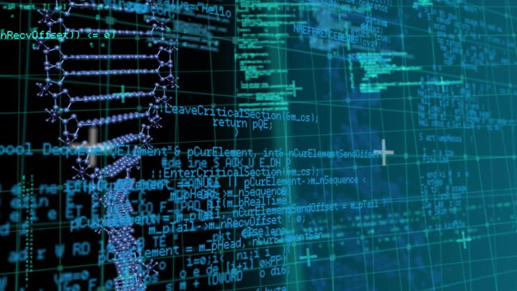 DNA strand and programming code animation over digital grid background