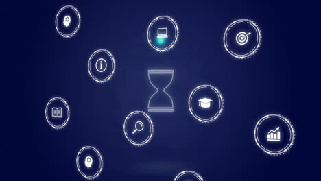 hourglass and various icons representing education and information, floating animation