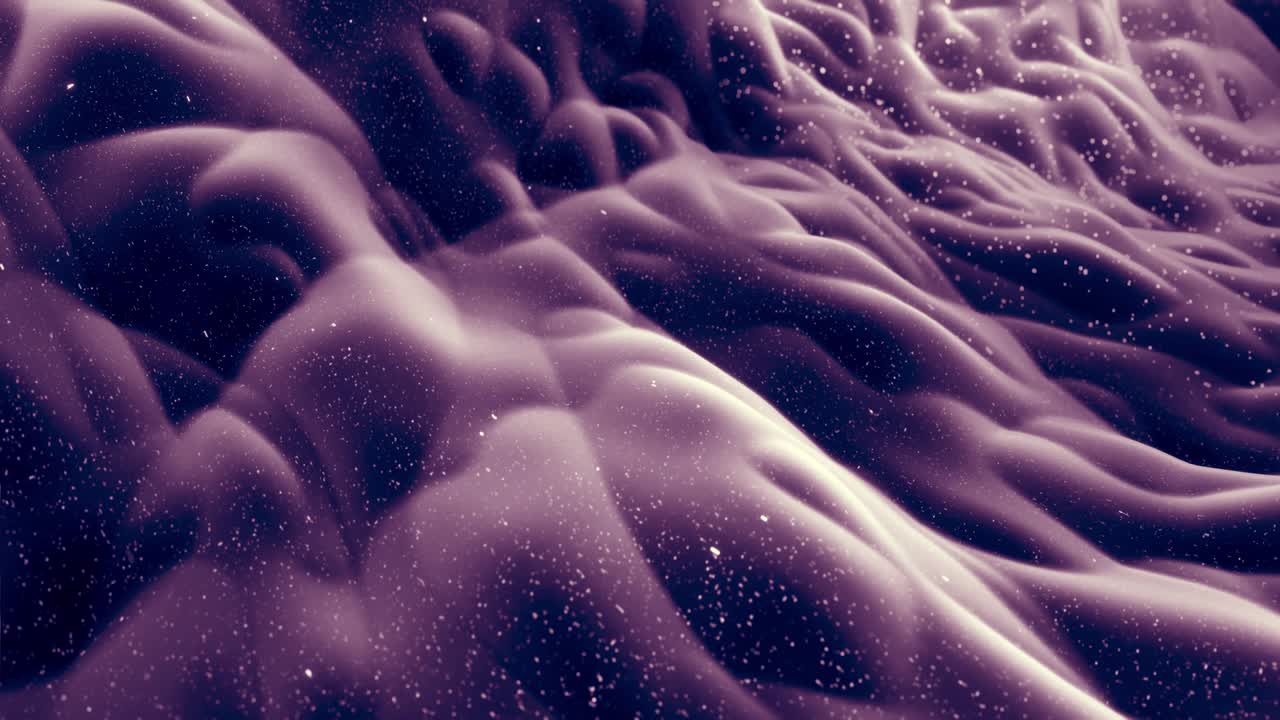 Abstract waves of soft black matte material with light inner glow and glitters on morphing surface. Abstract geometric surface like landscape or terrain, extrude or displace 3d noise. Loop 4k