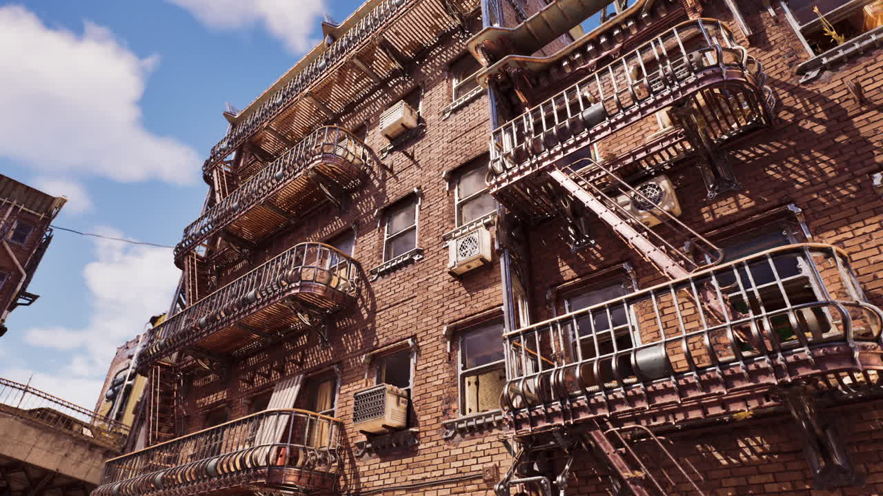 Closeup of textured brick surface with elaborate fire escape details