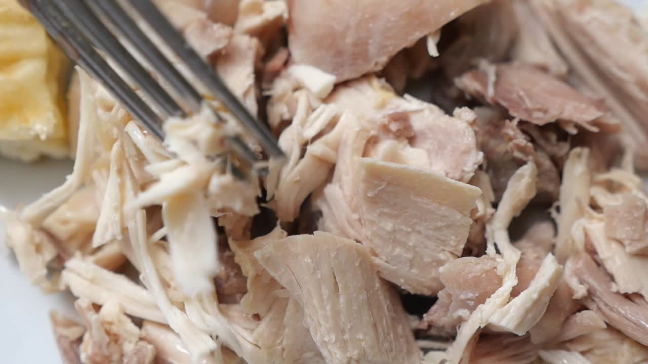 Close-up of Shredded Chicken with a Fork