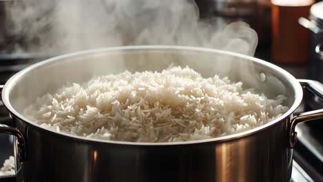 steaming cooked rice in a pot