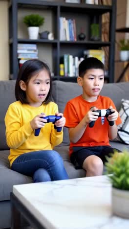 two asian brothers playing video games in the living room at home.