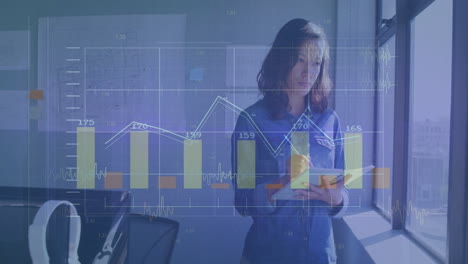 analyzing financial charts, businesswoman in office focusing on data and animation