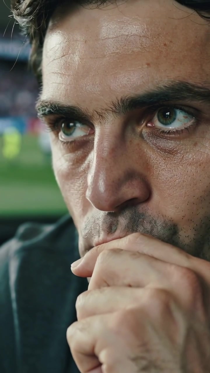 Vertical video: Reacting to play, man pressing hand to mouth tracking players on pitch with sweat