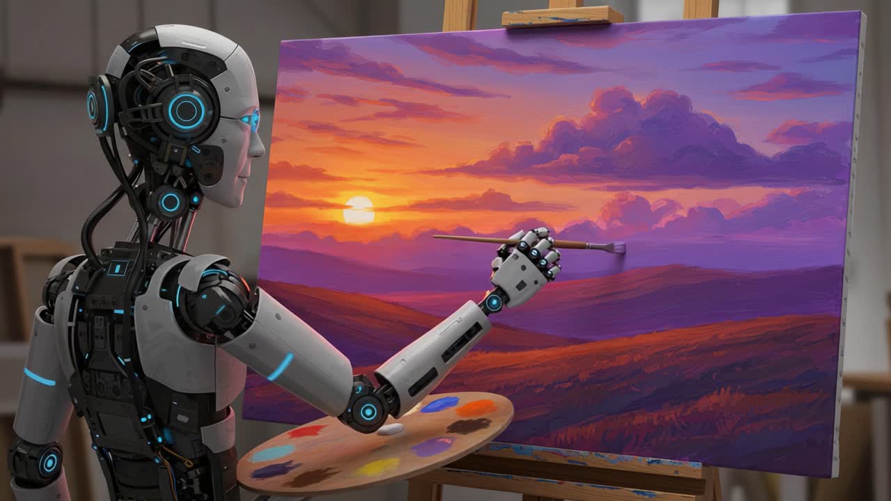 A Futuristic Robot Painting a Serene Sunset Landscape on Canvas, Showcasing the Intersection of Art and Technology in Modern Creative Expression