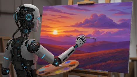 a futuristic robot painting a serene sunset landscape on canvas, showcasing the intersection of art and technology in modern creative expression