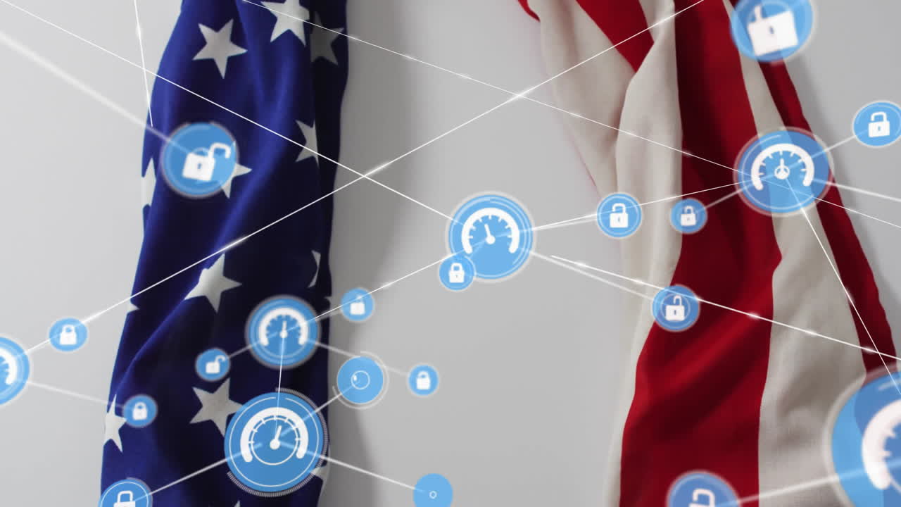 animación de la red de conexiones con iconos y bandera de los ee.uu.