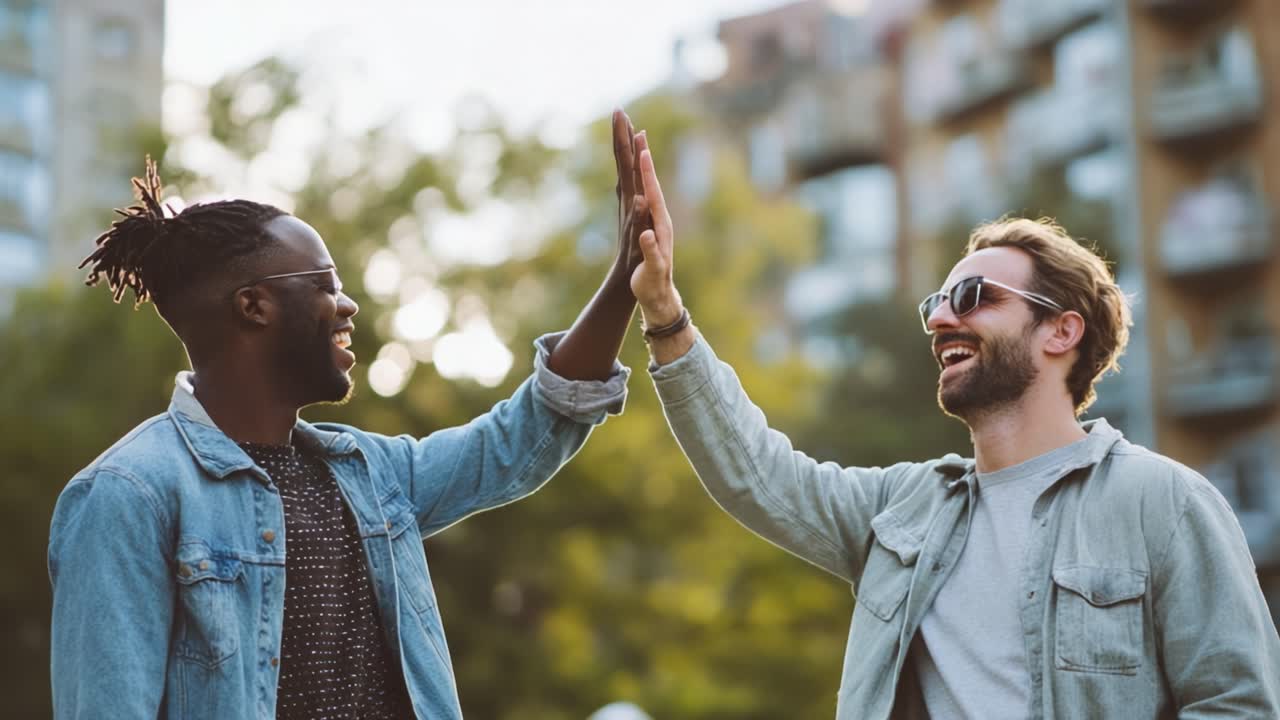 Joyful Moment of Friendship: Two Men Sharing a High-Five in a Sunny Outdoor Setting, Capturing the Spirit of Connection, Laughter, and Togetherness
