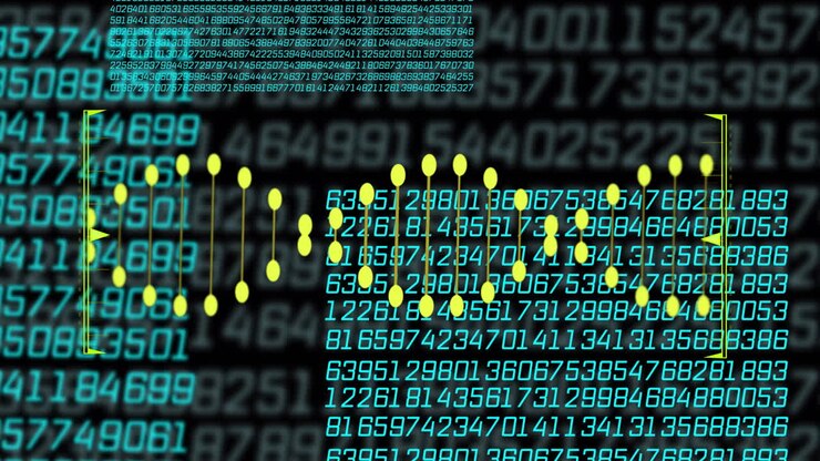 Animation of dna strand over data processing on black background