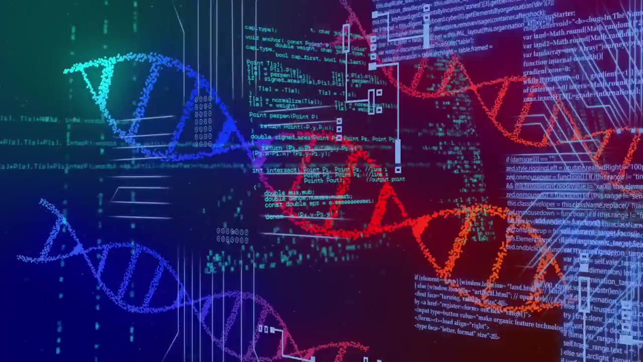 DNA helices rising from code streams and meeting at circuit hub while showing technology data merge