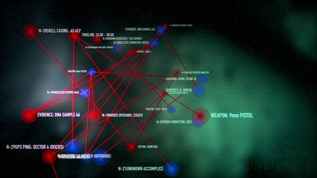 complex digital investigation map featuring red connection links between evidence points and suspect data. Perfect for true crime documentaries and police procedural themes