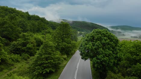 car passing by the rural road on a cloudy day - aerial