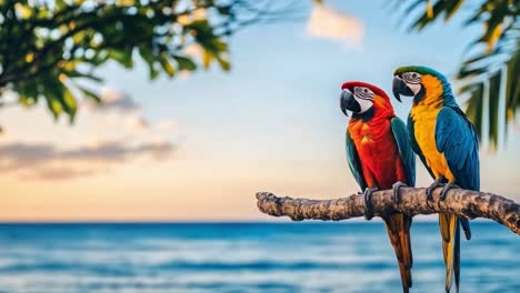 colorful macaws perched on a branch overlooking a tropical ocean at sunset