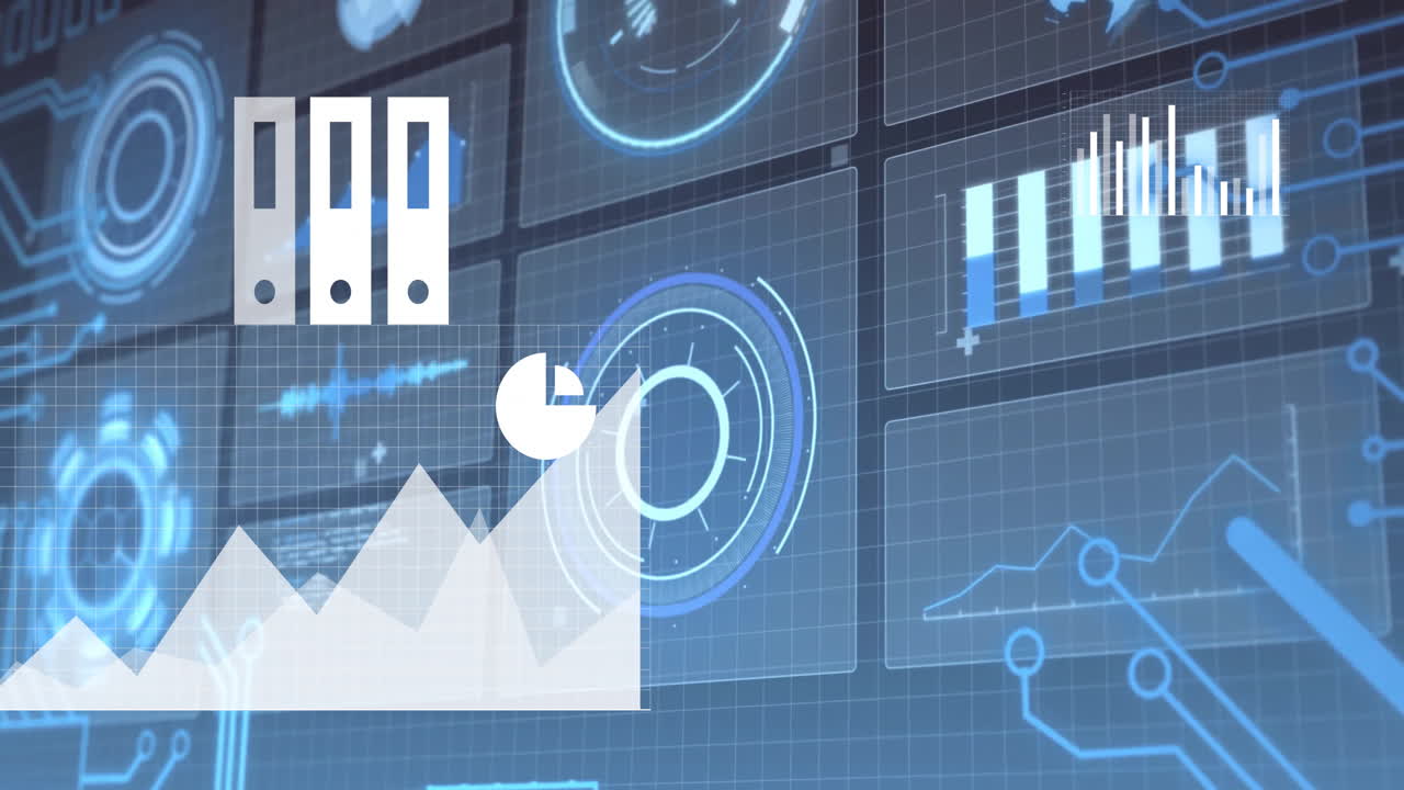 Graphs and charts data analysis animation over digital interface background