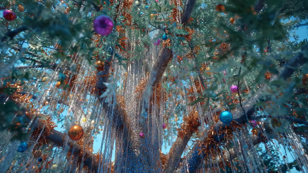 Camera rising, panning from glittering trunk outdoors through tinsel and baubles, capturing canopy