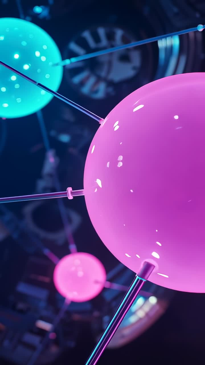 Video verticale: telecamera panoramica che rivela una lampada rosa in una galleria, che mostra morsetti, aste, sfera color ottanio