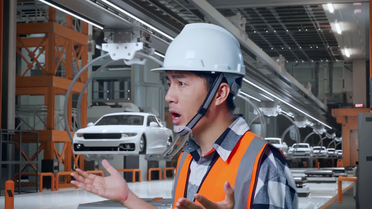 안전 헬을 입은 아시아 남성 엔지니어가 ev 자동차 공장에서 의심스럽게 일하는 이유를 말합니다.