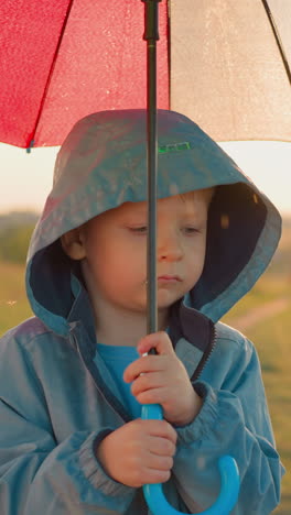 pensive kid with umbrella under rain at countryside. offended little boy walks alone in green summer field on stormy day. child sad of bad weather