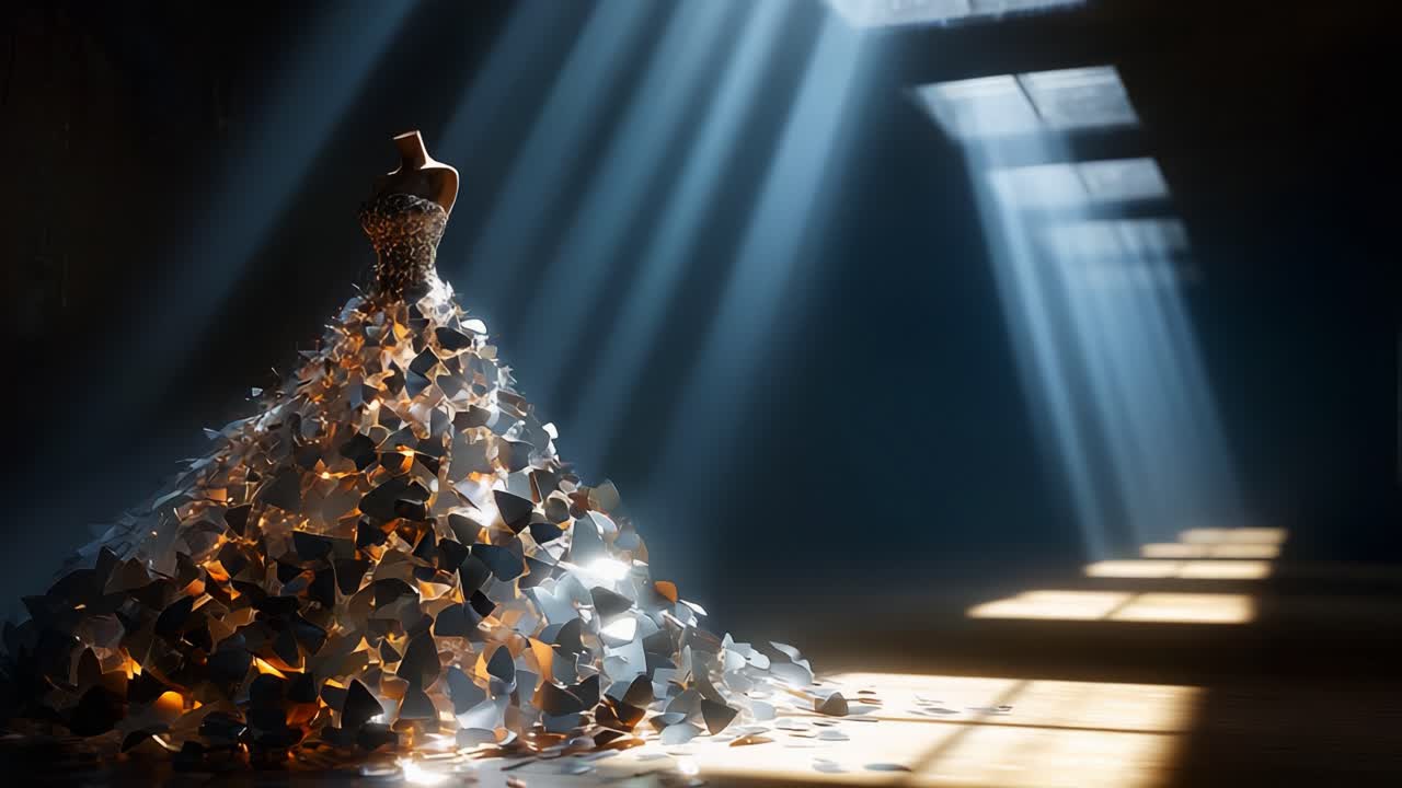 A Stunning Display of Light and Fabric: A Beautiful Dress Composed of Shimmering Metallic Shapes, Illuminated by Dramatic Sunlight Beams in an Elegant, Mysterious Setting