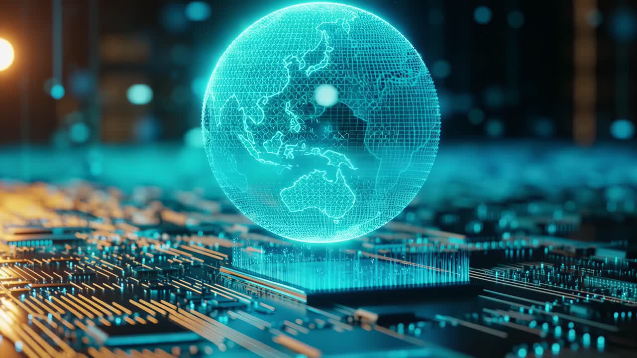 Concetto di video futuristico con un'inquadratura dal basso di un globo digitale luminoso su un circuito stampato