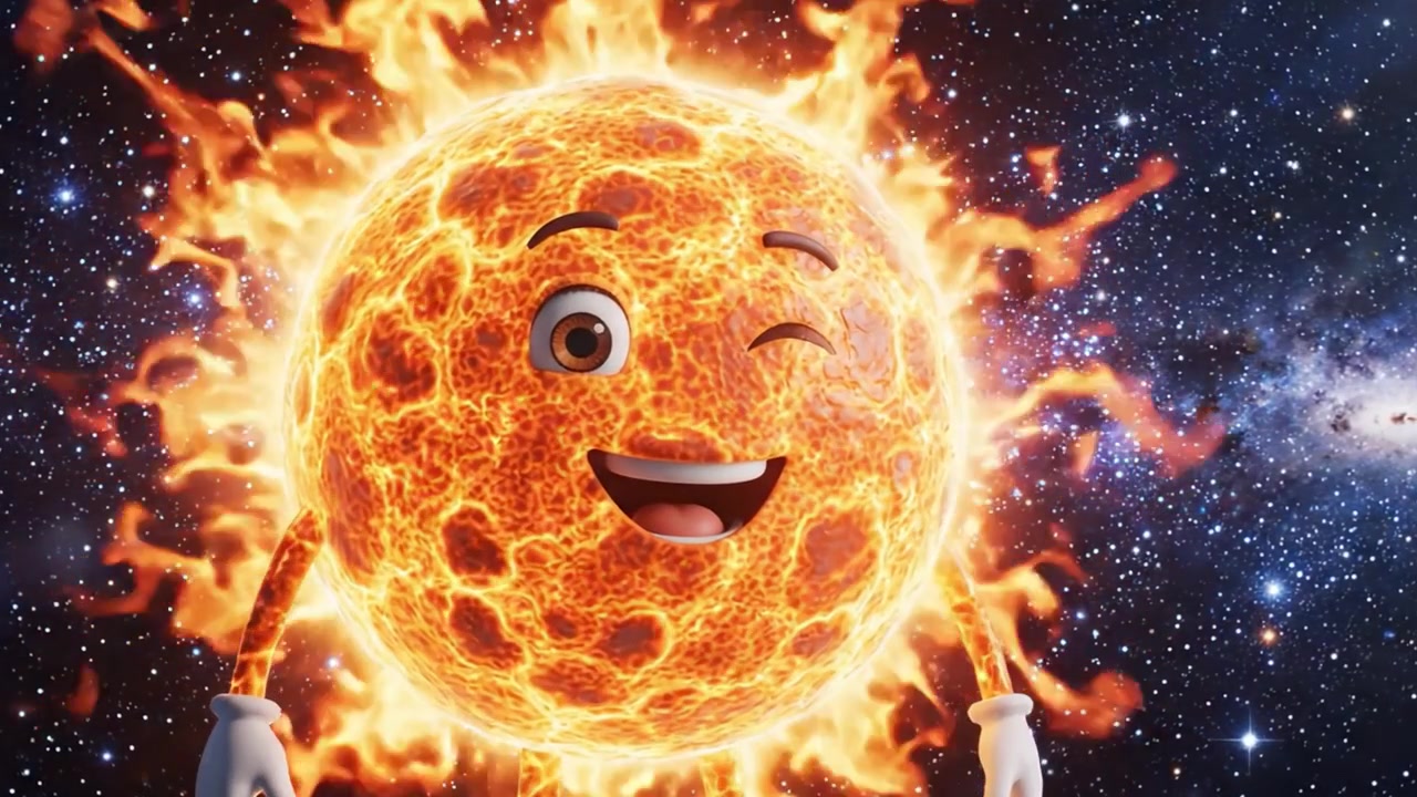 En legesyg animeret solfigur udstråler glæde og energi mod en fascinerende kosmisk baggrund, der viser dens levende glød og venlige udtryk i et finurligt univers.