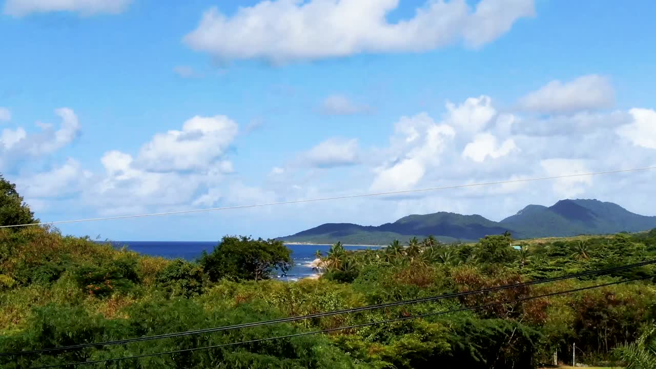 Scenic Tropical Ocean View with Lush Greenery and Mountains