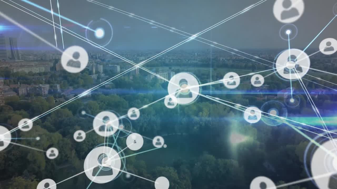 animación de la red de conexiones sobre el paisaje urbano