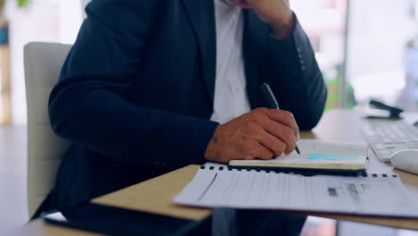 accounting, writing and hands of businessman