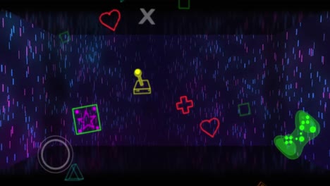 animación de videojuegos e íconos digitales procesamiento de datos a través de senderos de luz.