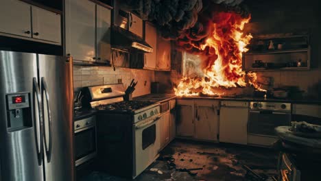 a dramatic video still of a kitchen engulfed in flames, captured from a low angle, emphasizing chaos