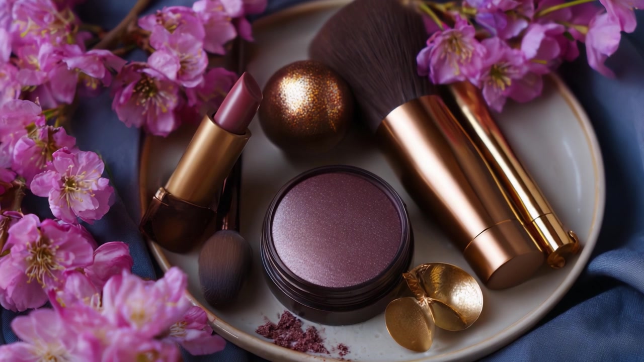Beautifully Arranged Makeup Products Surrounded by Delicate Pink Cherry Blossoms on a Luxurious Fabric Surface for a Captivating Visual Experience