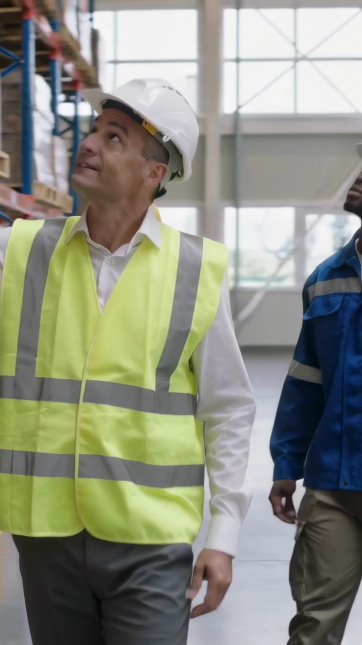 Vertical video: Starting inspection lead hardhat vest walking warehouse aisle pointing at boxes