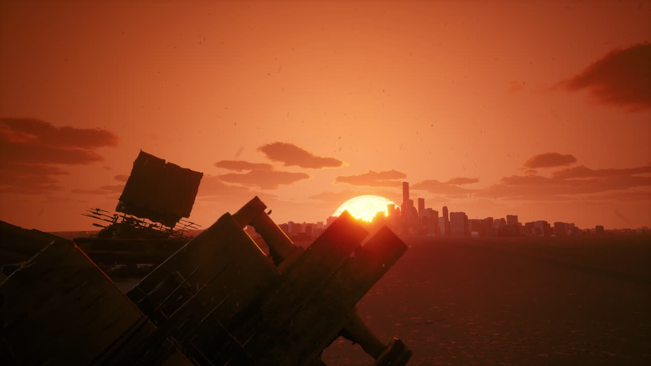 Post-Apocalyptic Sunset over a Ruined City